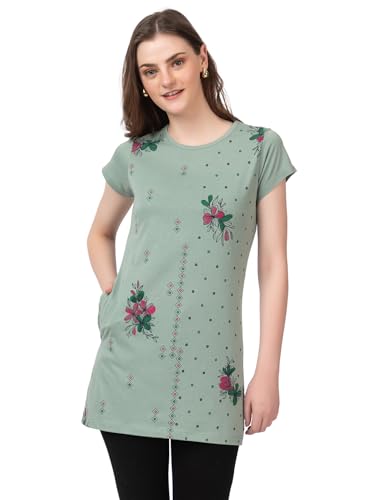 Image of Women Printed Cotton Tshirt with Side Slits & Pocket