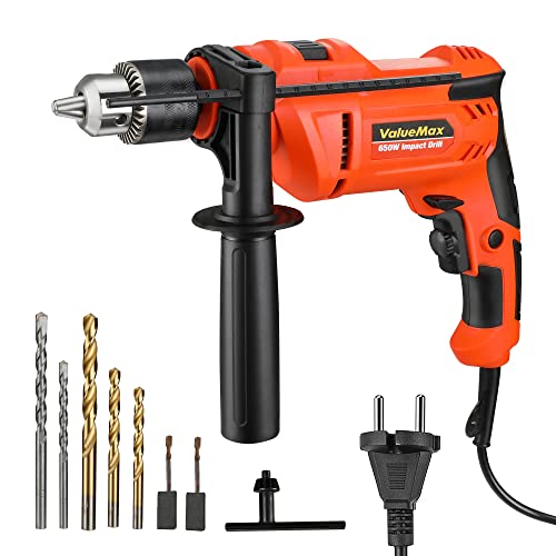 ValueMax Perceuse à Percussion Filaire 650 W, 2 Modes Perceuse et Marteau, Mandrin de 13 mm à Vitesse Variable, Perforateur Electrique avec 3 Forets Hélicoïdaux et 2 Forets à Béton Cover