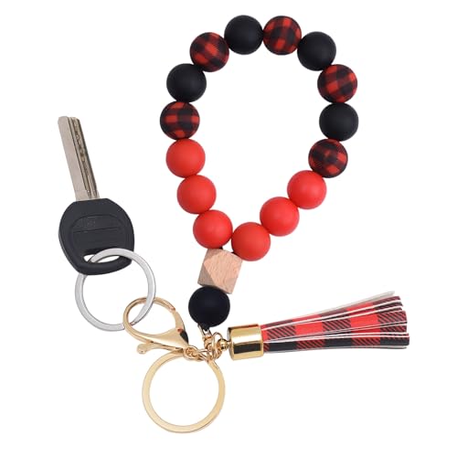 Image of BAOSIWA Silicone Key Ring Bracelet Wristlet Keychain Unique Beaded Bangle Key Chains for Women with Leather Tassel
