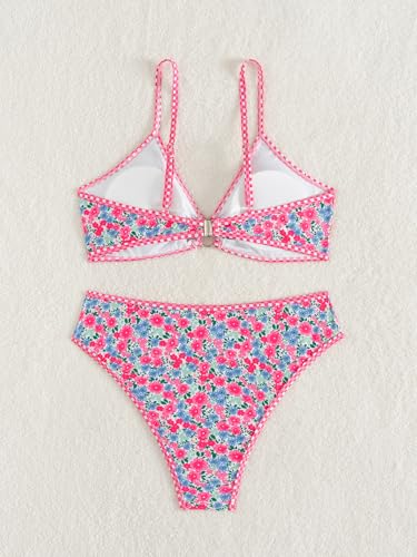 Image of Fanuerg Women's Triangle Bikini Sets O Ring Linked Two Piece Swimsuits Floral Printed Cheeky Bathing Suit
