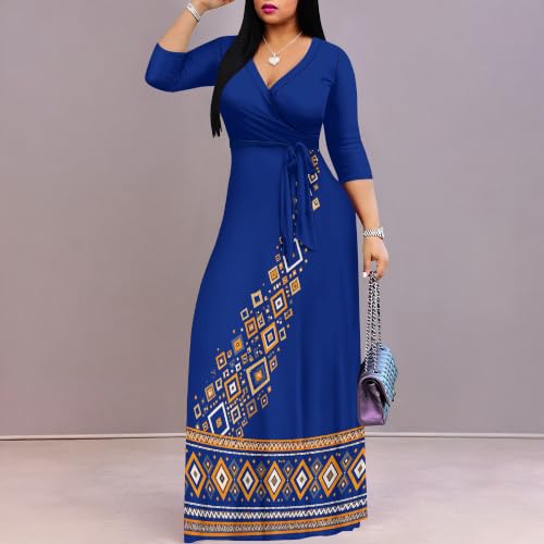Image of Plus Size Maxi Dress for Women V Neck 3 /4 Sleeve Wrap Dress Blue Tribal S | Blue Tribal Geometric Women's Maxi Dress