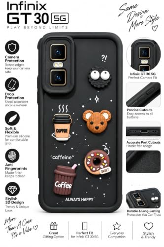 Image of Bintage Back Cover Compatible for Infinix GT 30 5G+ | Cute 3D Taddy Ball Bear Milk Cake Coffee Silicon Case Full Body & Camera Protection - Black