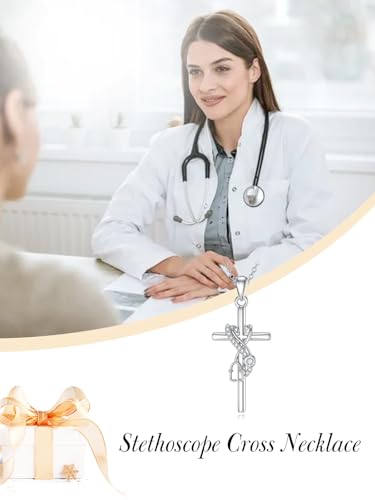 ZBA Natural Diamond Stethoscope Necklace for Nurse Dorctor, 18K White Gold Plated S925 Sterling Silver Nursing Jewelry Graduation Appreciation Gifts for Women 20inches (F-G,I1-I2)3