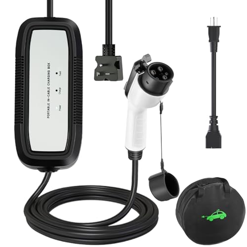 EV Charger, 16Amp 110V/240V Portable Level 1 Level 2 Electric Vehicle Charging Station with NEMA 6-20 Plug & NEMA 5-15 Adapter for J1772 Electric Cars