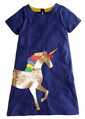 Toddler Girl Short Sleeve Casual Dress Cotton Change Sequin Unicorn Applique Blue Basic Tunic T Shirt Jersey Dresses Size 2