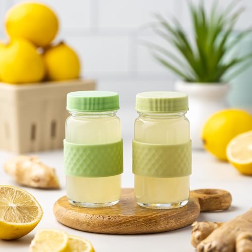 Juice Shot Containers, Glass, Clear, 2oz, Colored Lids & Silicone Grip Bands, Beverage Storage, Juicing, Ginger & Turmeric Bottles