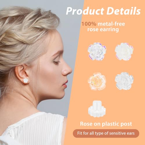 4 Pairs Rose Plastic Earrings, Hypoallergenic Transparent 3D Flower Studs, 4 Styles of Surgical Plastic Earrings for Sensitive Ears, Women's Earrings, Sports Earrings3