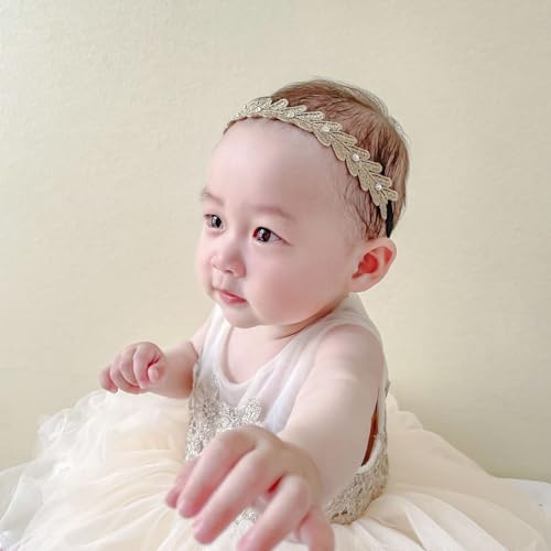 Baptism Headband for Baby Girls, Gold Lace Leaf Headband Elastic Hairband Rhinestone Tiara Headpiece Baby Baptism Christening Hair Accessories for Baby Girls Toddlers Newborn Infants3