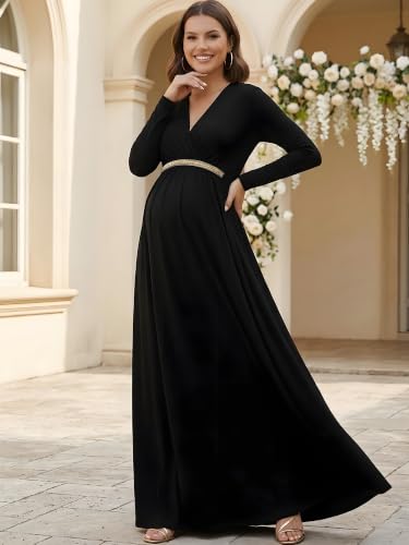 Image of KOH KOH Womens Maternity Long Sleeve V-Neck Flowy Winter Maxi Dress Gown