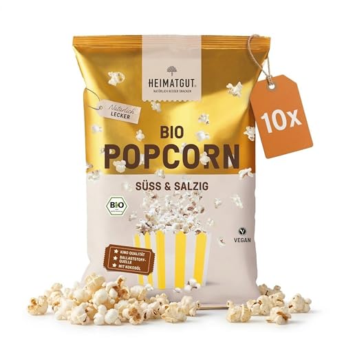 HEIMATGUT® Bio Vegan Popcorn Süß & Salzig | Premium Butterflycorn Popcorn-Mais | Mit Bio Kokosöl | Ohne Butter & Palmöl | Glutenfrei | Veganer Snack ohne künstliche Zusätze | 10 x 90 g