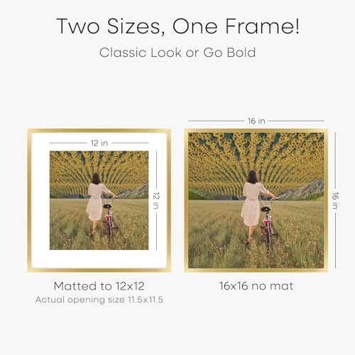 Image of Homeforia 16x16 Picture Frame Gold, High End Metal 16 x 16 Square Poster Frame with Mat 12 x 12 Photo, 16x16 Frame Matted to 12x12 Print, 16by16 Gold Hanging Frames, Tempered Glass, Wall Kit, Set of 1