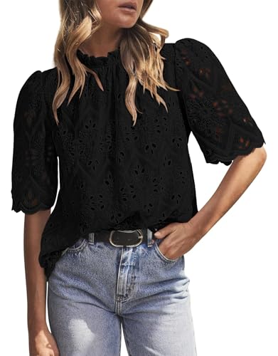 BETTE BOUTIK Womens Lace Tops 2025 Trendy Long Short Sleeve Eyelet Embroidered Dressy Casual Blouse Shirts