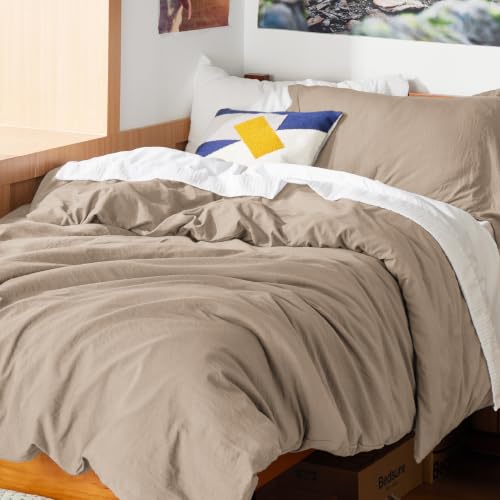 Image of Bedsure Prewashed Twin Duvet Cover, Cotton-Like Bedding Set, Light Brown | Ultra Soft, Relaxed Texture, Twin XL Breathable Comfort, Hidden Zipper, 8 Corner Ties, Easy Care, OEKO-TEX, Year-Round Use