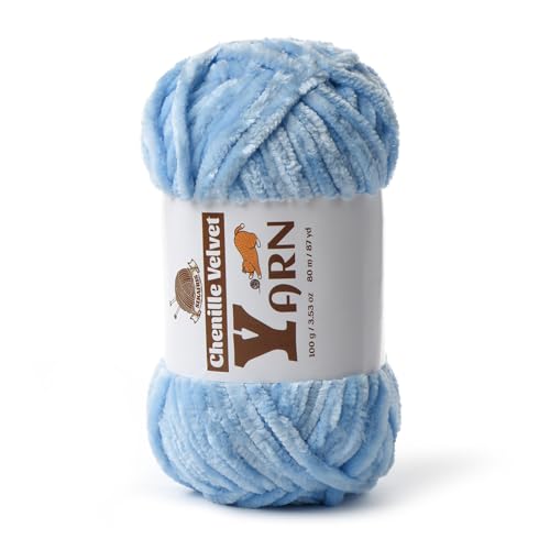 Image of Plush Chenille Chunky Yarn - Fluffy Velvet Yarn Crochet for Blanket Knitting and Crocheting - Soft Baby Yarn for Crocheting - Amigurumi Crochet Yarns 100g (87yds) (Azure)