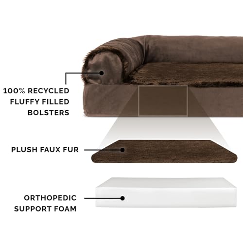 Image of FurHaven Orthopedic Dog Bed & goDog Toy - Squeaky Plush Fat Rooseter with Chew Guard Technology for Large Dogs - Plush & Velvet L Shaped Chaise - Sable Brown, Jumbo Plus /XXL