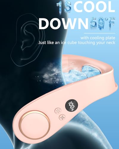 Image of Neck Fan that Blows Cold Air with Cooling Plate, Rechargeable Battery Powered, Portable Silent Mini Neck Air Conditioner, Cordless Leafless Quiet Face Fans for Kid Adults Travel Work Sports, Pink