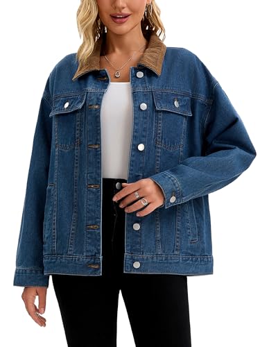 CIMUK Women's Jean Jacket Button Down Corduroy Collar Long Sleeve Western Shacket Denim Jackets X-Large Dark Blue