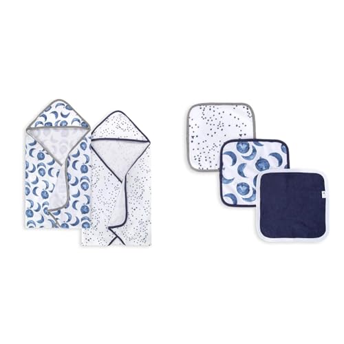 Image of Burt's Bees Baby - Hooded Towels, Absorbent Knit Terry, Super Soft Single Ply, 100% Organic Cotton (Hello Moon!, 2-Pack) & Washcloths, Absorbent Knit Terry, Super Soft 100% Organic Cotton