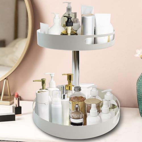 360° Rotating Bathroom Countertop Organizer, Metal Makeup Organizer for Vanity,2-Tier Spinning Storage Tray for Bathroom,Kitchen,Living Room,Multi-Purpose Countertop Shelf,White Lazy Susan