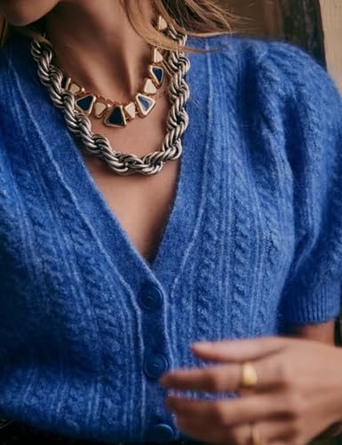 Bianstore Women's Puff Short Sleeve Sweater Casual V Neck Cardigan Tops Ribbed Knit Button Down Shirts4