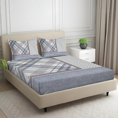 Image of Signature Digital Print Geometric Designs Super King Size Bedsheet - 108 x 108 inches | 100% Cotton-Feel Soft Fabric | Fade-Resistant Colors | 2 Matching Pillow Covers (Urban Harmony)