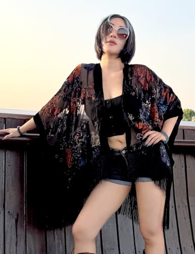 Image of MJ SERECA Women's Burnout Velvet Kimono Cardigan Cover Up with Tassel
