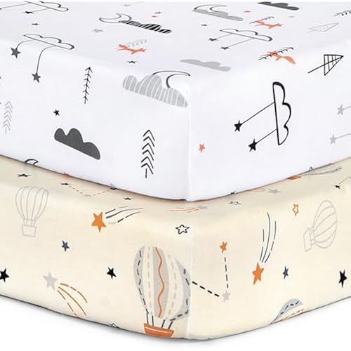 Pack n Play Sheets, BROLEX 2 Pack Mini Crib Sheets,Stretchy Portable Fitted Playard Sheet Set, Convertible Playard Mattress Cover,Ultra Soft Breathable Material,Starsmoon Balloon