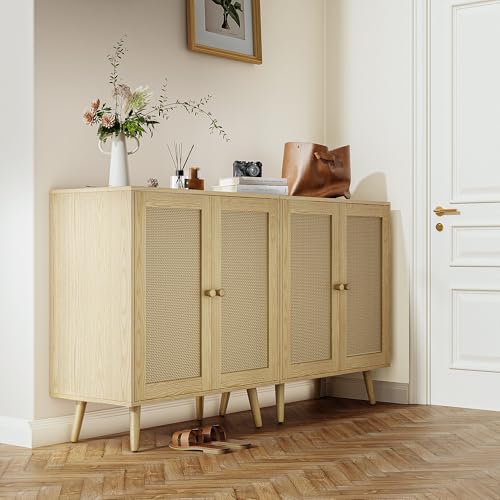 infurnic 2 Door Rattan Storage Cabinet, Wood Kitchen Sideboard Buffet Console Table with Shelves for Living Room, Hallway, Kitchen, Oak - Thumbnail 4