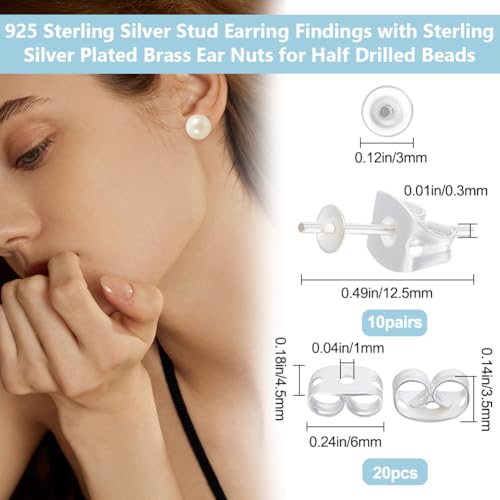 Beebeecraft 1 Box 20Pcs Pearl Cup Earring Post 925 Sterling Silver Stud Earring Findings 0.3mm Pin with 20Pcs Sterling Silver Plated Brass Ear Back for Half Drilled Beads DIY Jewelry Making - Image 2
