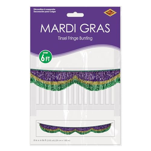 Beistle Mardi Gras Tinsel Fringe Bunting, Festive Green, Gold & Purple Garland Decoration, Sparkling Banner for Mardi Gras Parties, Parades & Events, 8” x 6’ 5” by Beistle - Used condition - Image 5