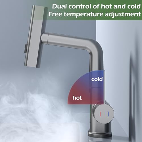 Wasserhahn Küche Ausziehbar, Wasserhahn Küche mit LED Temperaturanzeige, Küchenarmatur 360° Schwenkbar, 3 Wasserstrahlmodi, mischbatterie küche, Wasserfallarmatur für Küche, Bad (Dunkelgrau)