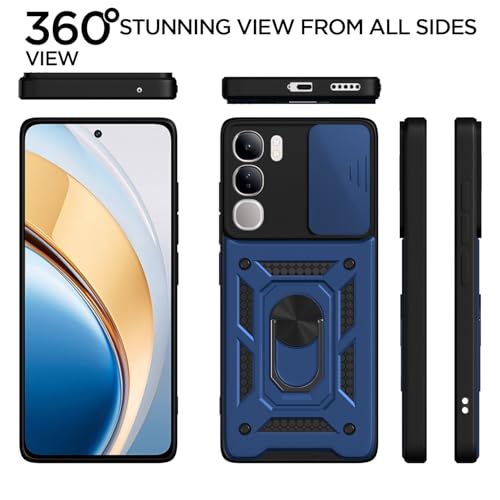 Image of Pikkme Back Cover for Vivo Y300 5G / Vivo V40 Lite 5G | D10 Tough Armor | 360 Protection Case | Sliding Camera Shield Cover & Ring Holder Stand Bumper Case (Blue)