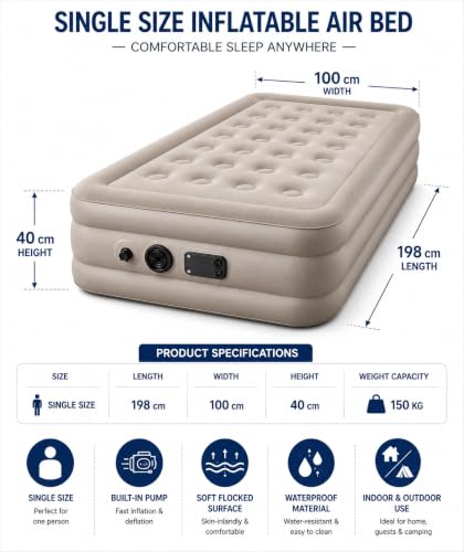 Image of Inflatable Air Bed Single Size, Portable Blow Up Mattress for Home, Guest, Camping & Travel, Waterproof Flocked Surface, Raised Air Mattress