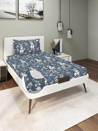 Image of Blue Strip 220TC Glace Cotton Elastic Fitted Bedsheets Single Bed with 1 Pillow Cover | Single Bed with All Around Elastic, Size 42 inch x 75 inch Inches
