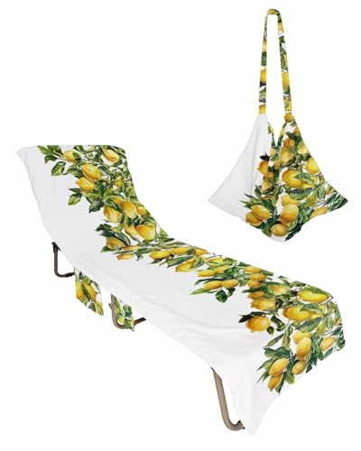 Beach Pool Patio Lounge Chaise Chair Cover Towel with Pockets,Green Lemon Absorbent & Quick Dry Microfiber Towel Cover Bag Summer Travel Accessories Watercolor Trpical Summer Fruit White