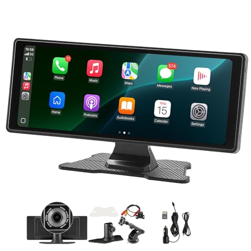 Image of VEVOR Wireless Car Stereo, 10-Inch HD Portable Radio Touch Screen with Apple CarPlay and Android Auto, CarPlay Screen with Front & Backup Cameras, Voice Control, Mirror Link, Bluetooth, GPS Navigation