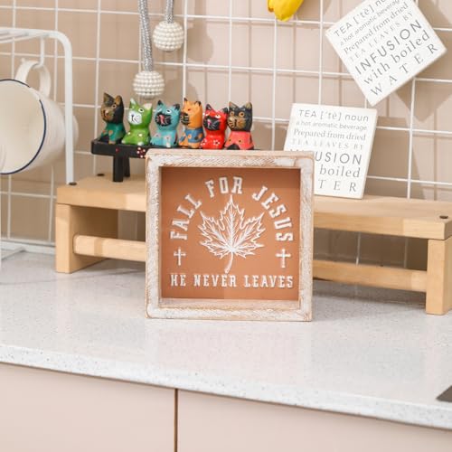 Image of Embossed Orange Fall Leaf Sign, Farmhouse Autumn Decorations, Wooden Fall Tiered Tray Decor for Shelf Cubicle Desk Mantel, Rustic Thanksgiving Table Decor