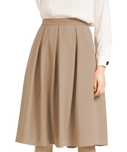 Yige Women's High Waist Flared Skirt Pleated Midi Skirt with Pocket2