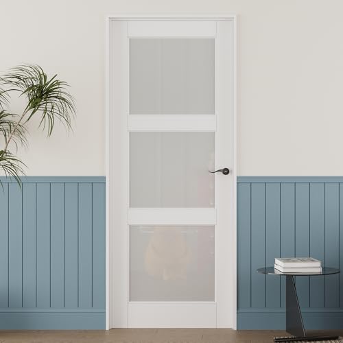 32'' x 80'' 3-Lite French Interior Tempered Frosted Glass Door Slab for Pantry Doors, French...