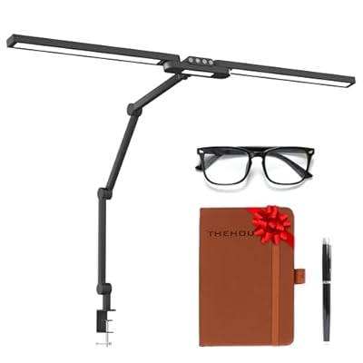 THE HOUSERY Modern LED Desk Lamp for Home Office - Architect Style with Clamp, Adjustable Arms for Dual Screen Monitor, 24W Ultra Bright Auto Dimming | Includes Blue Light Blocking Glasses & Notebook