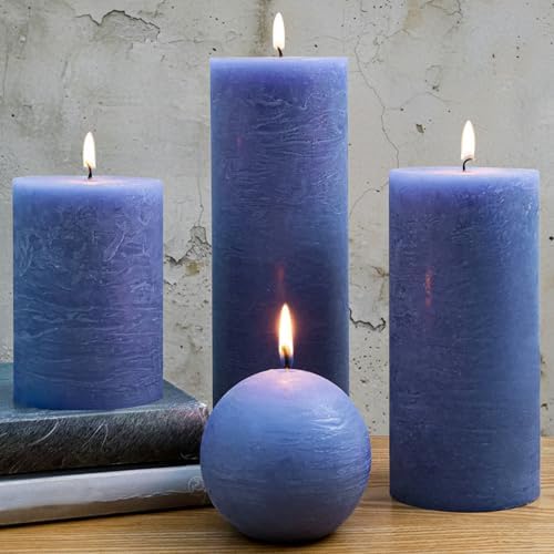 Dark Blue Rustic Textured Pillar Candles Set - 4 Pcs Assorted Siz...