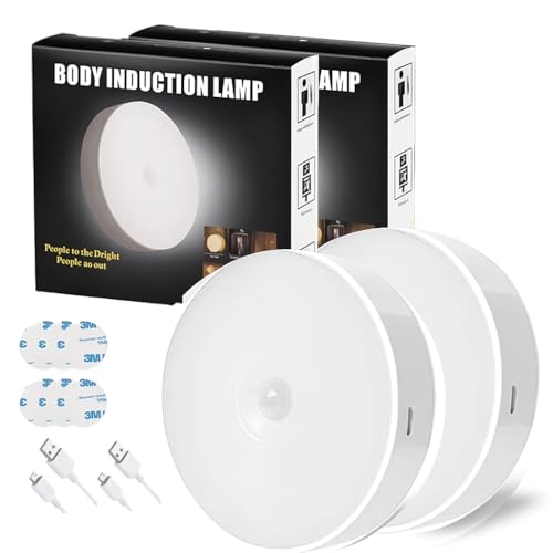 Image of Motion Sensor LED Night Light with USB Charging - Self-Adhesive, Rechargeable, Wireless Body Sensor Wall Lamp for Bedroom, Stairs, Wardrobe & Kitchen (Cool White, Pack of 2) - Plastic