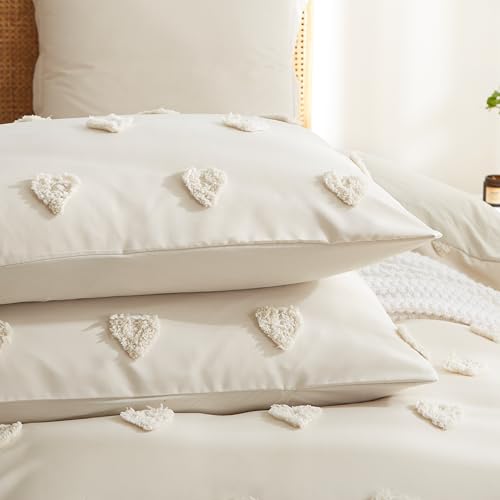 Image of Boho Tufted Comforter Set Queen Size Beige Heart Textured Bedding Set 3 Pieces Farmhouse Shabby Chic Embroidery Bed Set Soft Jacquard Comforter for All Season with 2 Pillowcases