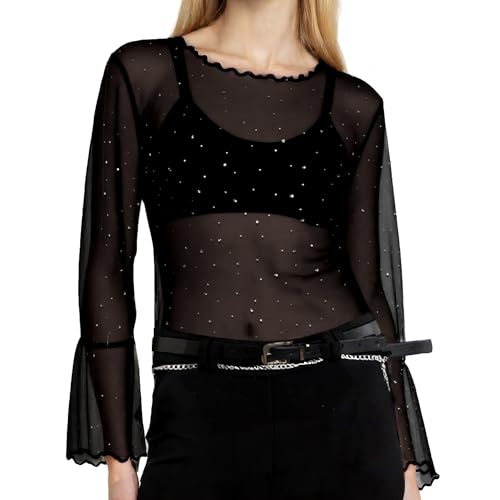 Nilioyul Damen Mesh Oberteile Transparentes Durchsichtige Tops Sexy Schwarz Glitzer Top Damen Sexy Langarmshirt Durchsichtige Schwarze Bluse Tunika (DE/NL/SE/PL, Alphanumerisch, XL, Regular, Regular)