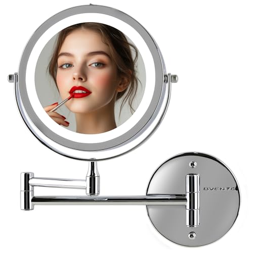 Image of OVENTE 7 inch Wall Mounted Lighted Makeup Mirror, Nickel Brushed MFW70BR1X10X | Cordless Double Sided 1X /10X Magnifying Mirror for Bathroom with LED Lights, 360 Rotation, Extendable Arm, Battery Operated