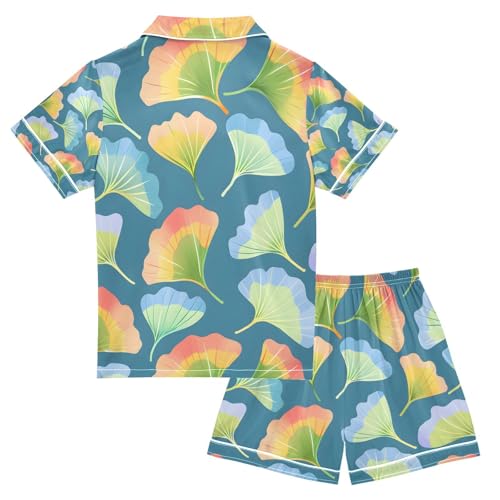 senya Ginkgo Biloba Leaves Colorful Satin Summer Pajama Sets Silk Short Sleeve Button Down Sleepwear2