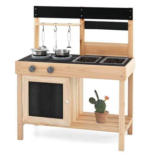 FANTASK Cucina da giardino in legno, per esterni, con 11 accessori, lavagne e 2 lavelli rimovibili, cucina all'aperto per bambini dai 2 anni in su