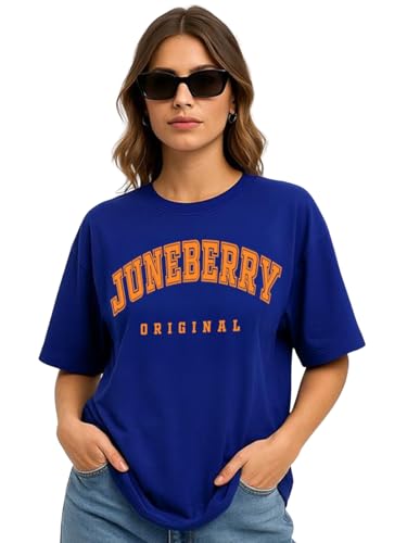 Image of JUNEBERRY Pure Cotton Oversized Drop Shoulder Brand Logo Typography Print Round-Neck Baggy Fit T-Shirt for Women (Available in Navy, Green & Pink Colors)