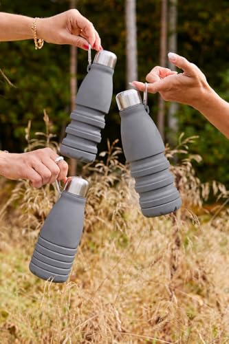 Image of ZENOVIA Collapsible Silicone Water Bottle with Clip, Grey | Foldable, Leakproof, BPA-Free, Portable Reusable, For Gym, Hiking, Camping, Office & Kids