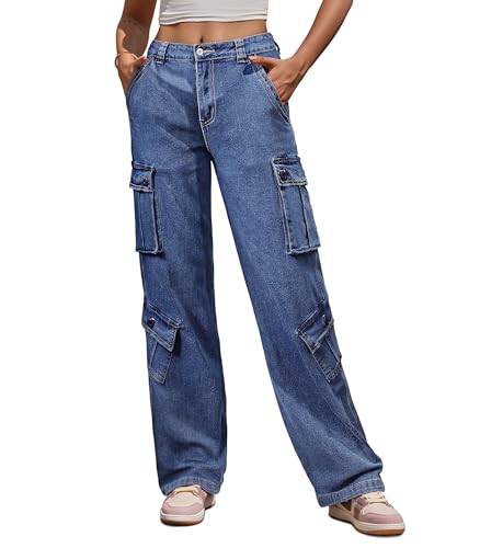 ZMPSIISA Women High Waisted Cargo Jeans Combat Military Trousers Wide Leg Casual Denim Pants 8 Pockets(Blue,Medium)